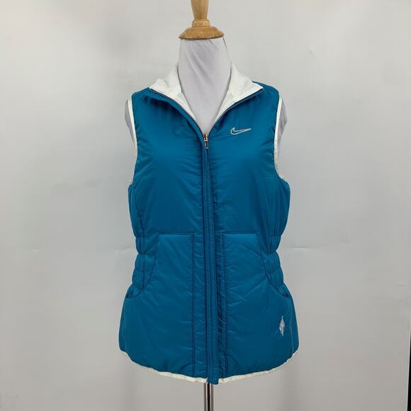 Nike Vest Womens Small Teal Cream Filled Puffer Full Zip Golf Jacket Reversible - Picture 2 of 16
